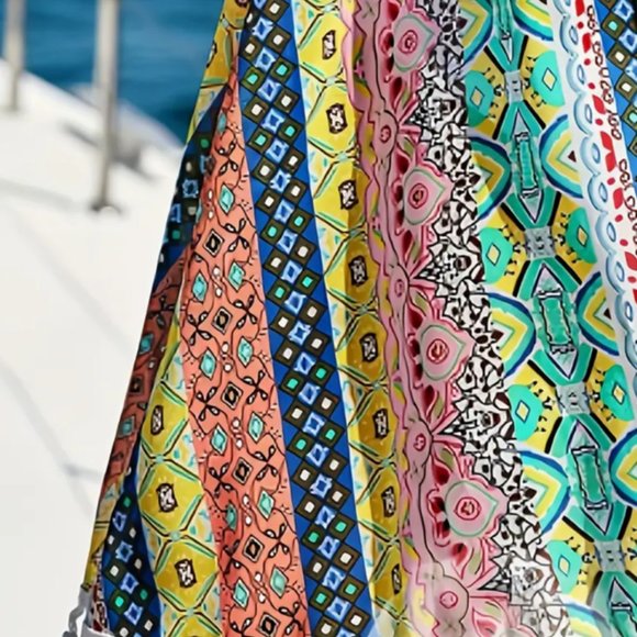 Geometric Print Tassel Trim Drawstring Beach Swimsuit Cover Up (XL - 12) NWT - Picture 4 of 4